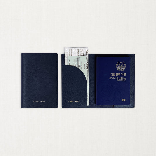 Labovarde Passport Case — front view of Navy Color showing front and back details on a white Background