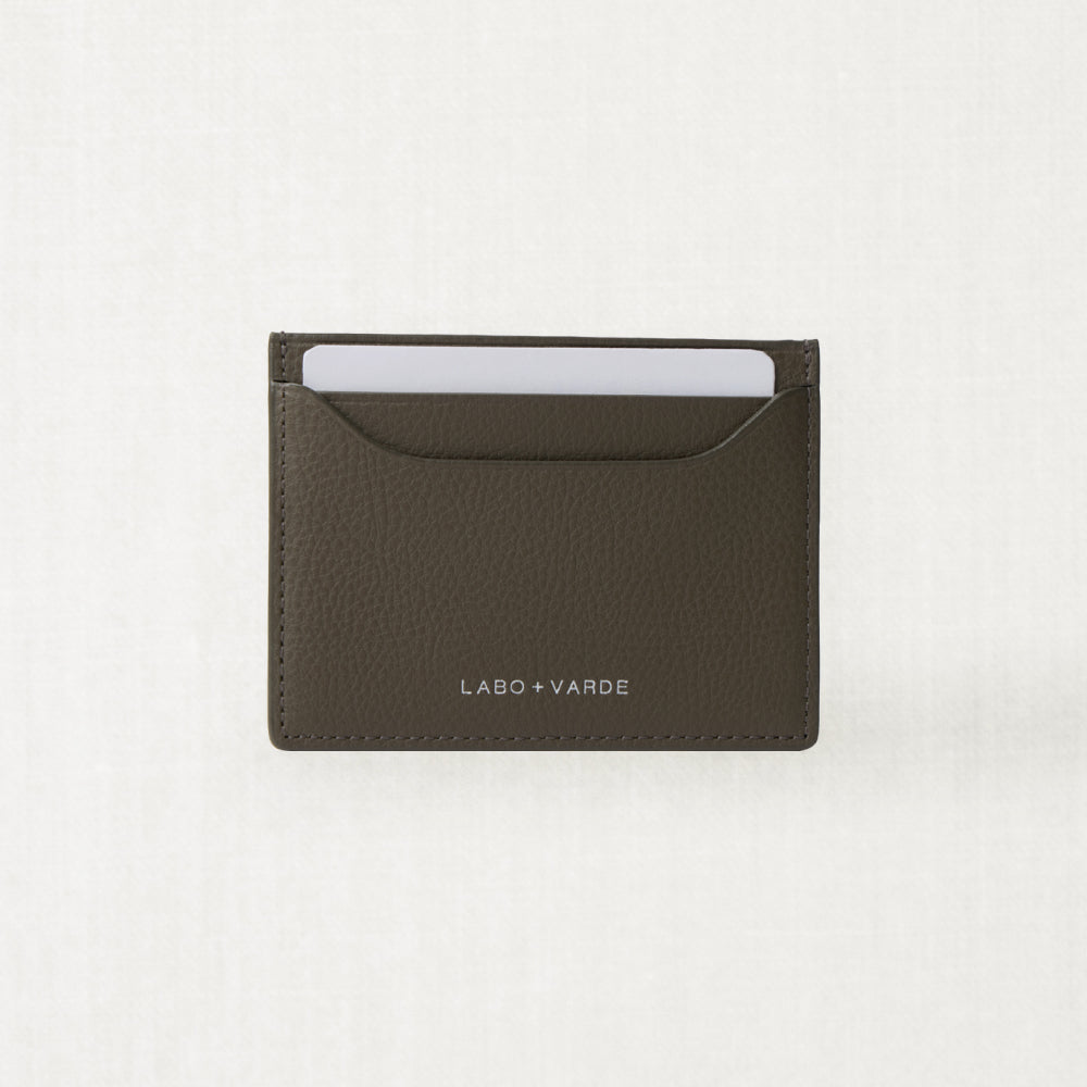 Labovarde Slim Card Wallet in Etoupe — Front view showing a card inside a slot  and silver debossed logo