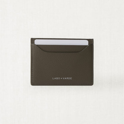 Labovarde Slim Card Wallet in Etoupe — Front view showing a card inside a slot  and silver debossed logo