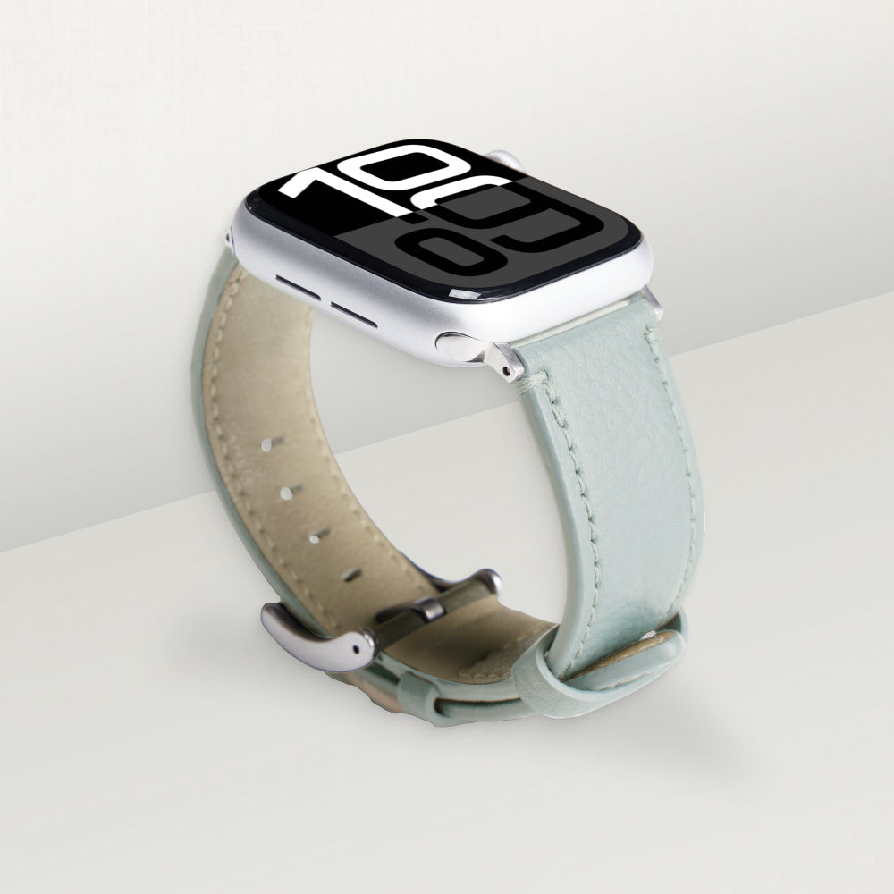 Labovarde Apple Watch band in clear-blue — angled view showing the beige lining and silver buckle