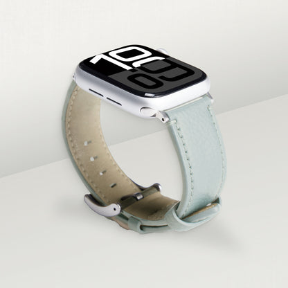 Labovarde Apple Watch band in clear-blue — angled view showing the beige lining and silver buckle