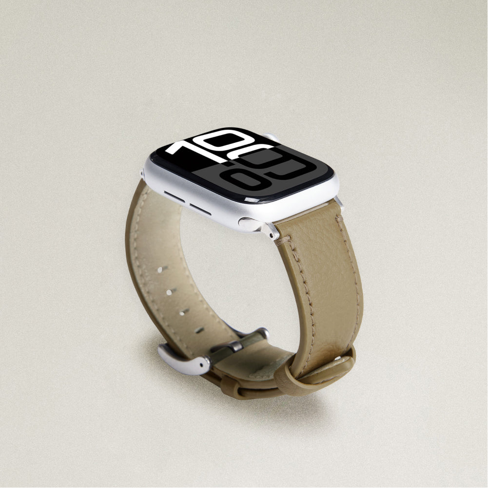 Labovarde Apple Watch band in Camel Brown — angled view showing the beige lining and silver buckle