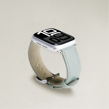 Labovarde Apple Watch band in Clear Blue — angled view showing the beige lining and silver buckle