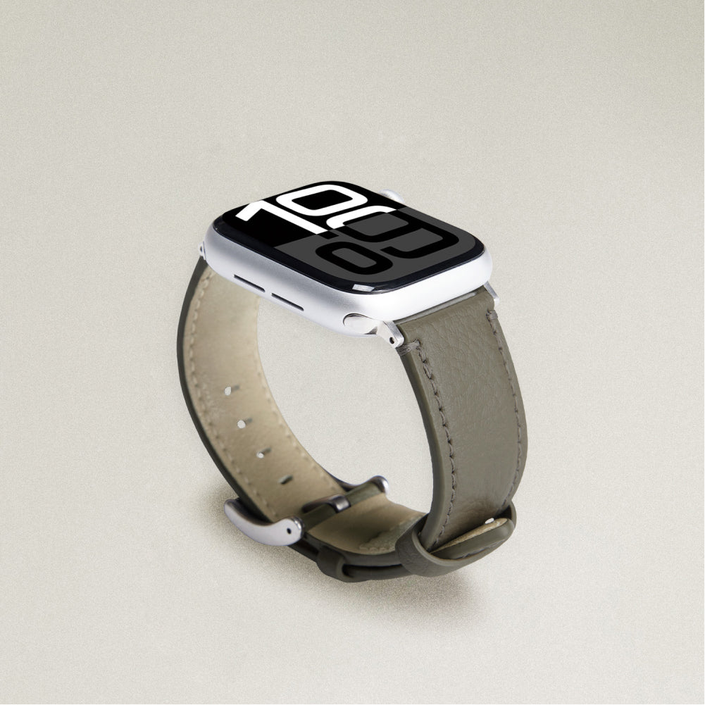 Labovarde Apple Watch band in Etoupe — angled view showing the beige lining and silver buckle