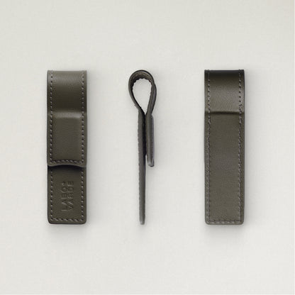 Labovarde Book Clip in Etoupe — Multi-angle studio shot showing the front with debossed logo, side profile, and back views