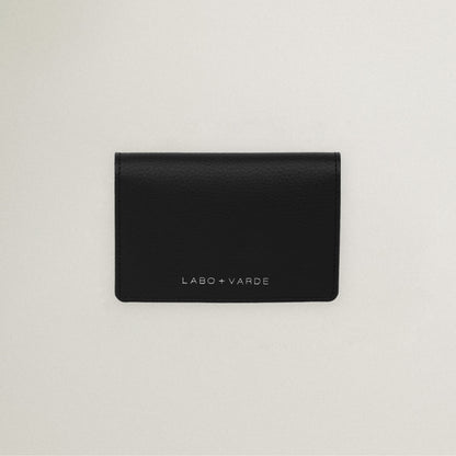 Labovarde Business Card Holder in Black — Top-down view showing the silver debossed logo