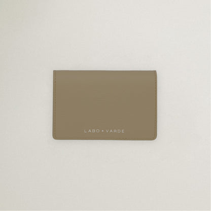 Labovarde Business Card Holder in Camel Brown — Top-down view showing the silver debossed logo