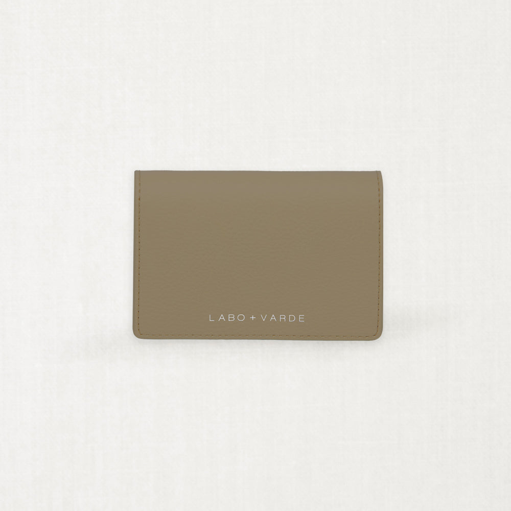 Labovarde Business Card Holder in camel-brown — Top-down view showing the silver debossed logo