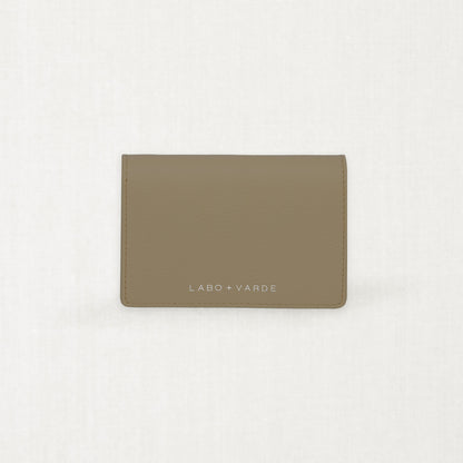 Labovarde Business Card Holder in camel-brown — Top-down view showing the silver debossed logo