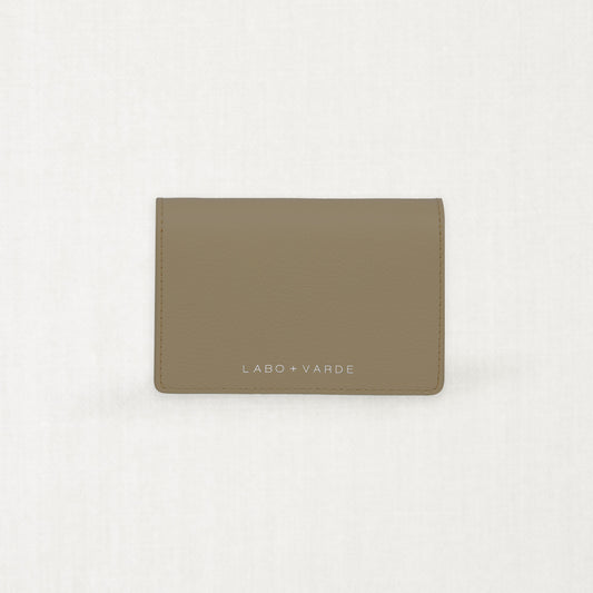 Labovarde Business Card Holder in camel-brown — Top-down view showing the silver debossed logo