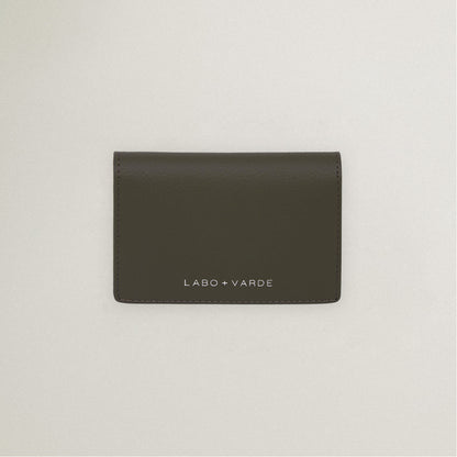 Labovarde Business Card Holder in Etoupe — Top-down view showing the silver debossed logo