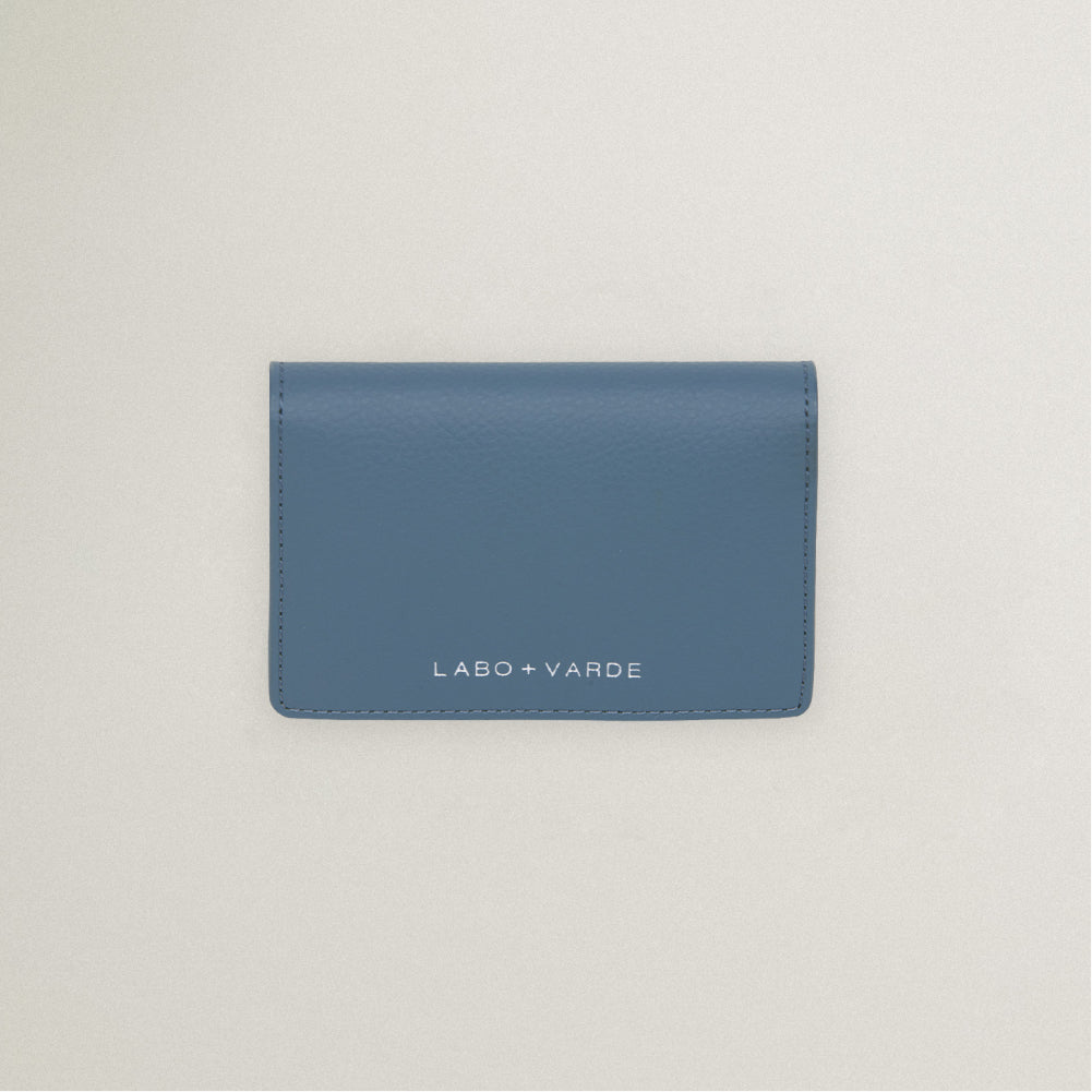 Labovarde Business Card Holder in Pale-blue — Top-down view showing the silver debossed logo