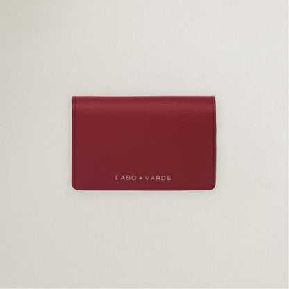 Labovarde Business Card Holder in Red — Top-down view showing the silver debossed logo