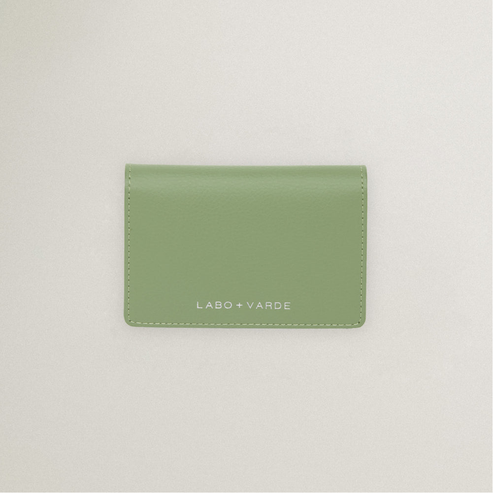 Labovarde Business Card Holder in Sage Green — Top-down view showing the silver debossed logo