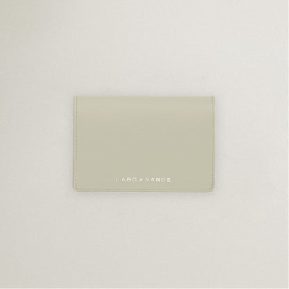 Labovarde Business Card Holder in Sand Gray — Top-down view showing the silver debossed logo
