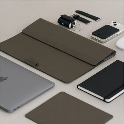 Labovarde Laptop Stand Case in Etoupe — Flat lay view with coordinating minimalist desk accessories