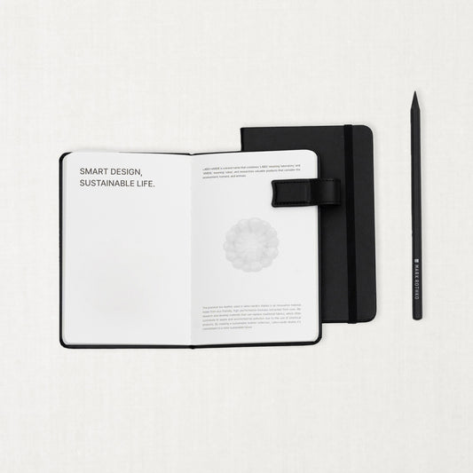Labovarde Handy Note in Black — Flat lay view of open and closed handy notes with a pencil on a white background