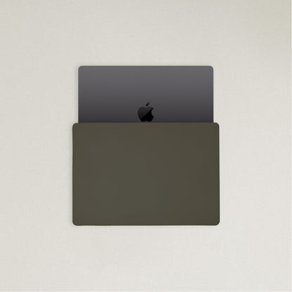 Labovarde Laptop Sleeve in Etoupe — Top view with a space gray MacBook partially inserted to show the sleek fit