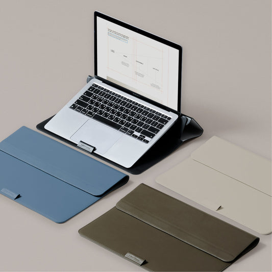 Labovarde Laptop Stand Case in Assorted Colors — High-angle view showing color options and functional stand usage