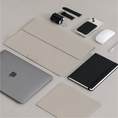 Labovarde Laptop Stand Case in Light-Gray — Flat lay view with coordinating minimalist desk accessories