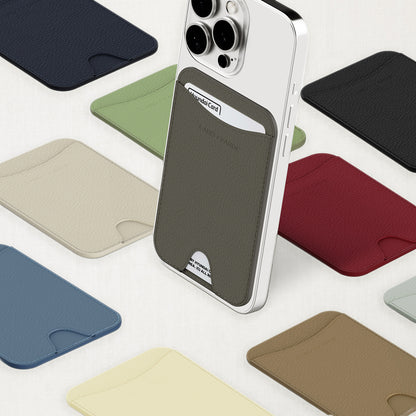 Labovarde MagSafe Card Wallet in Assorted Colors — Attached to a phone with a card, surrounded by multi-color options