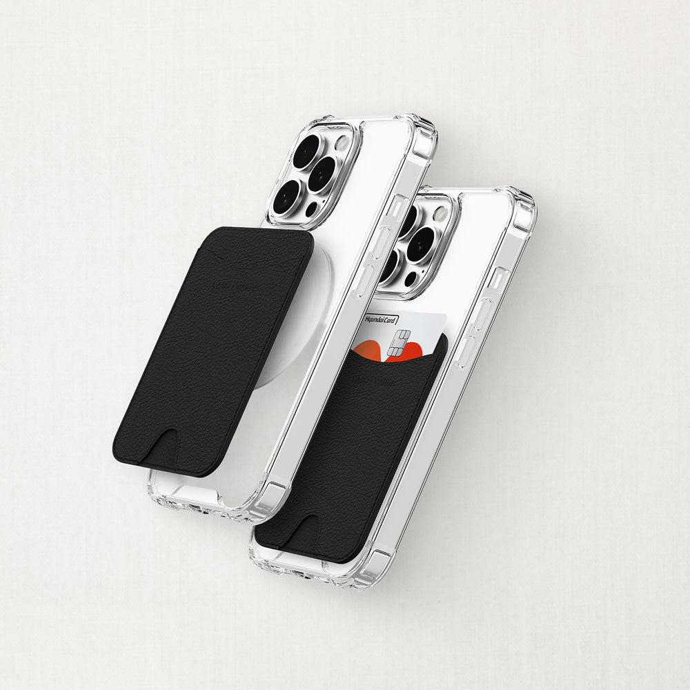 Labovarde MagSafe Card Wallet in Black — Perspective view of wallets on clear iPhones showing MagSafe use
