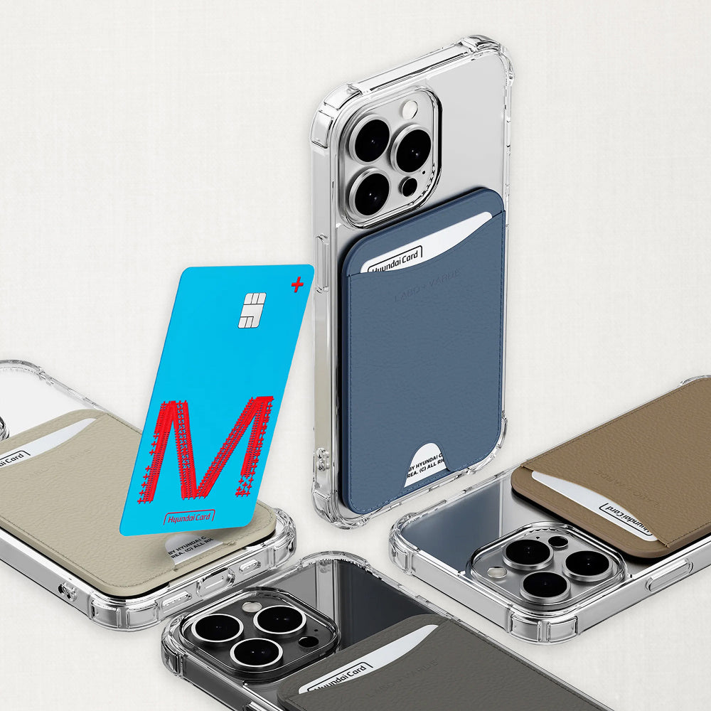 Labovarde MagSafe Card Wallets in Assorted Colors — Perspective view of wallets on clear iPhones with a blue card