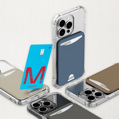 Labovarde MagSafe Card Wallets in Assorted Colors — Perspective view of wallets on clear iPhones with a blue card