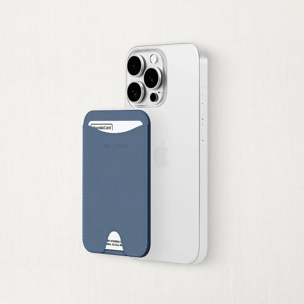 Labovarde MagSafe Card Wallet in Pale-Blue — Perspective view of the wallet on a white iPhone