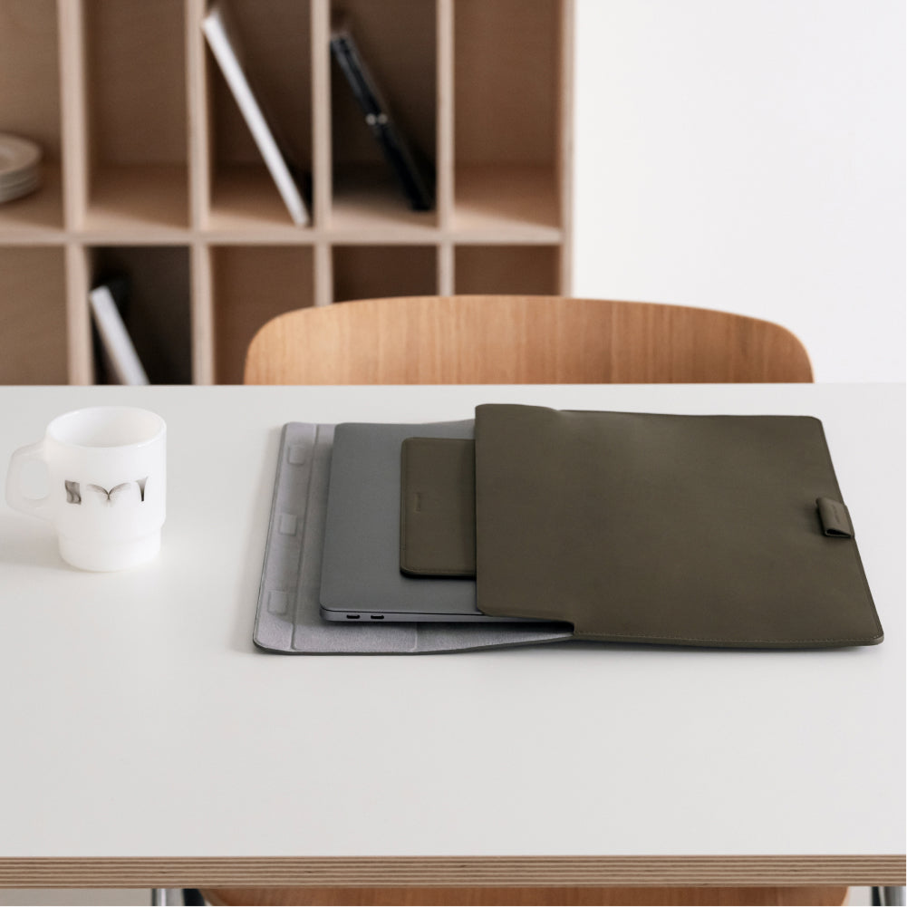 Labovarde Mouse Pad in Etoupe — Flat lay view of the Mouse Pad putting into a open Etoupe Laptop Sleeve