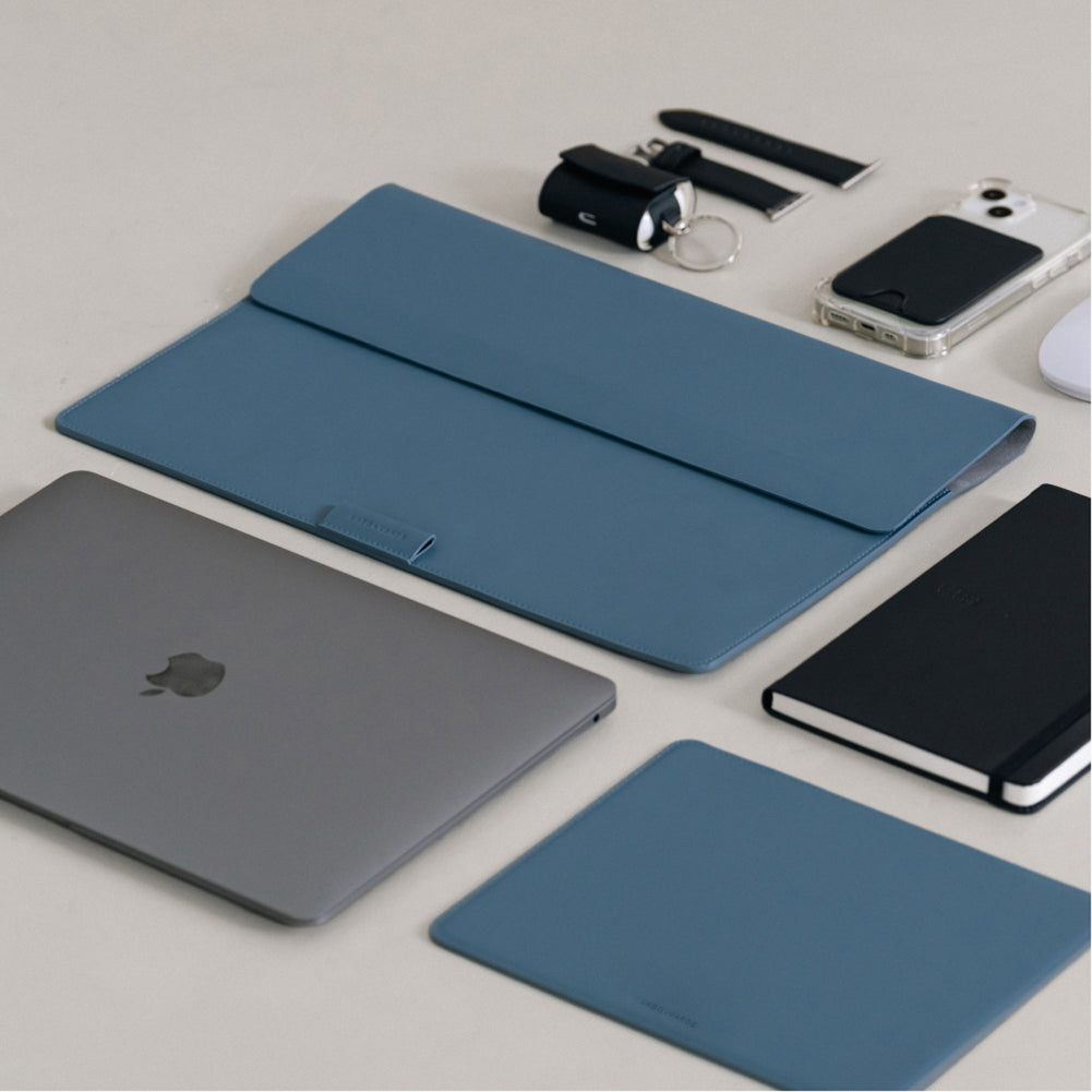 Labovarde Laptop Stand Case in Pale-Blue — Flat lay view with coordinating minimalist desk accessories