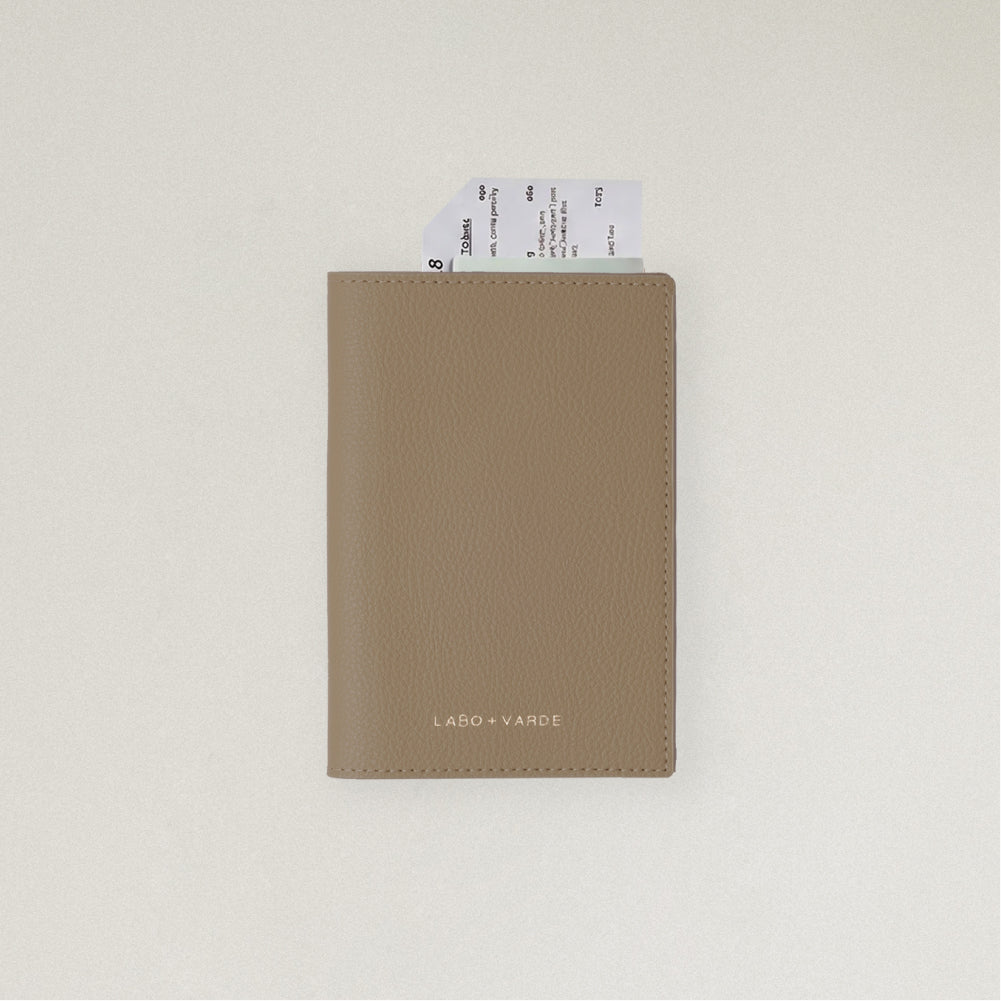 Labovarde Passport Case in Camel Brown — front view showing passport cover and Tickets in Case on a white Background