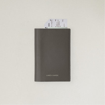Labovarde Passport Case in Etoupe — front view showing passport cover and Tickets in Case on a white Background