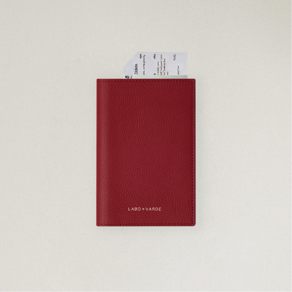 Labovarde Passport Case in Red — front view showing passport cover and Tickets in Case on a white Background