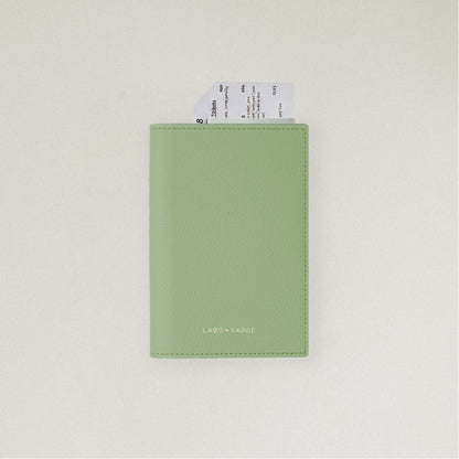 Labovarde Passport Case in Sage Green — front view showing passport cover and Tickets in Case on a white Background