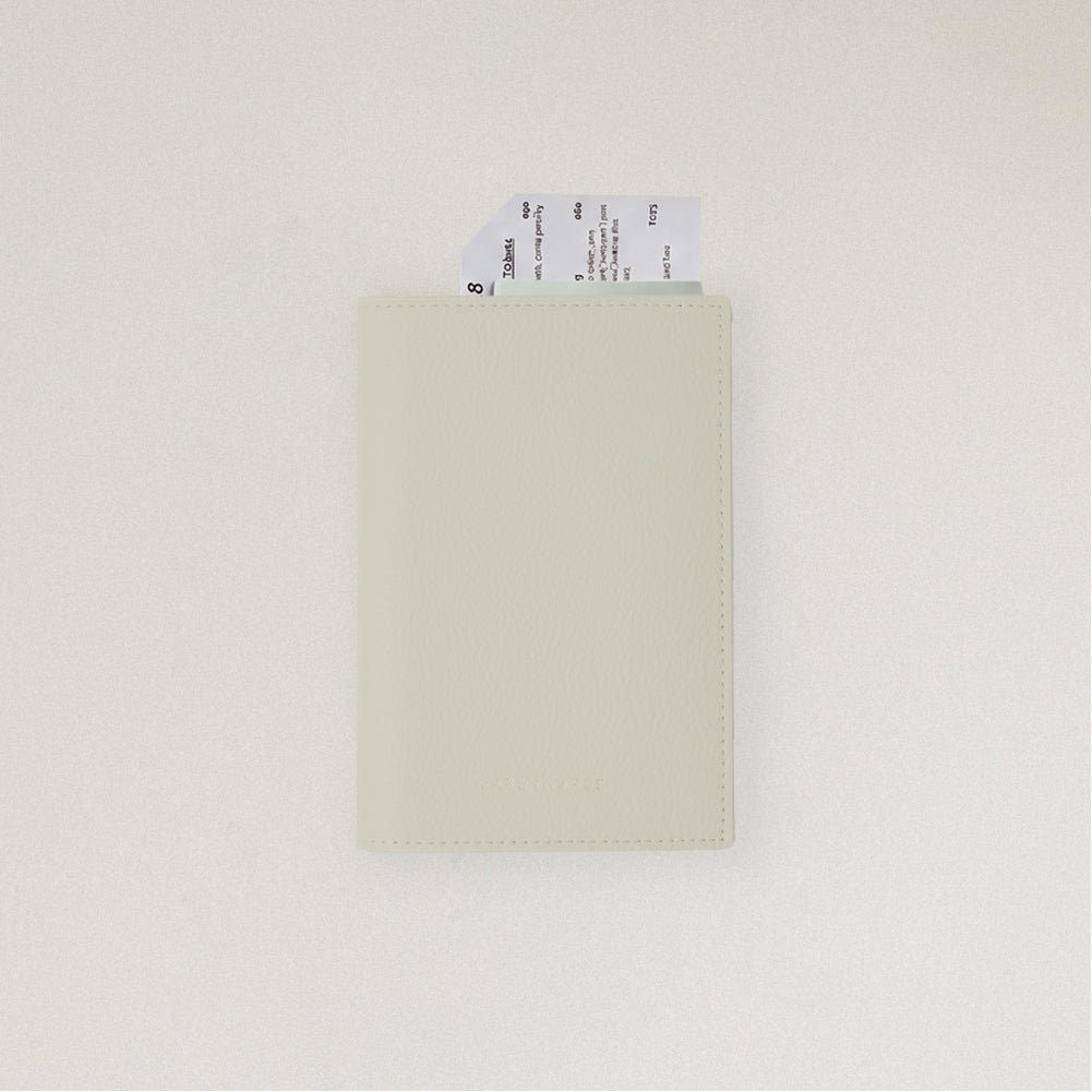Labovarde Passport Case in Sand Gray — front view showing passport cover and Tickets in Case on a white Background
