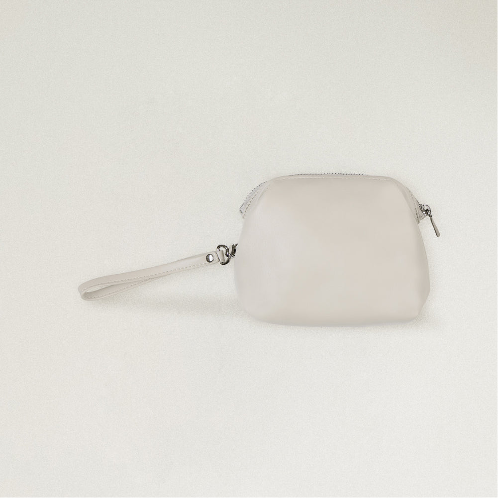 Labovarde Shell Pouch Bag in Light Gray — Clean front view highlighting the top zipper closure and convenient wristlet strap.