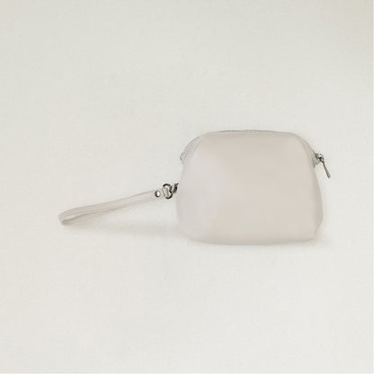 Labovarde Shell Pouch Bag in Light Gray — Clean front view highlighting the top zipper closure and convenient wristlet strap.