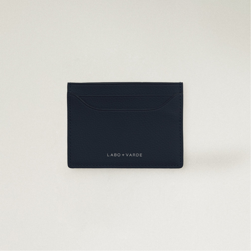 Labovarde Slim Card Wallet in Navy — Front view showing the card slots and silver debossed logo