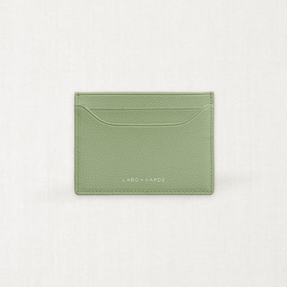 Labovarde Slim Card Wallet in Sage-Green — Front view showing the card slots and silver debossed logo