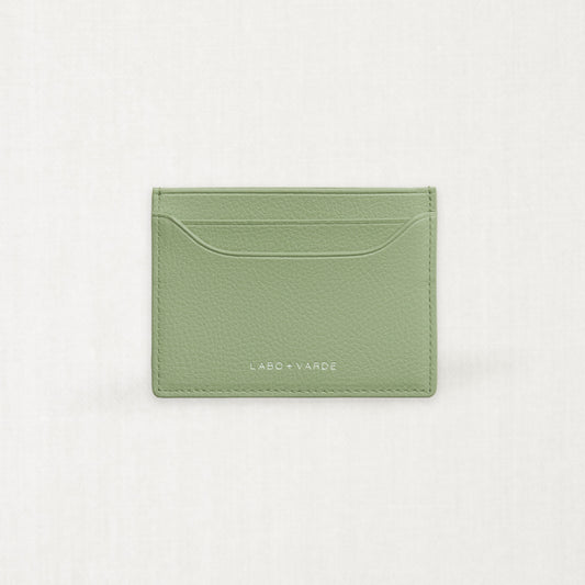 Labovarde Slim Card Wallet in Sage-Green — Front view showing the card slots and silver debossed logo