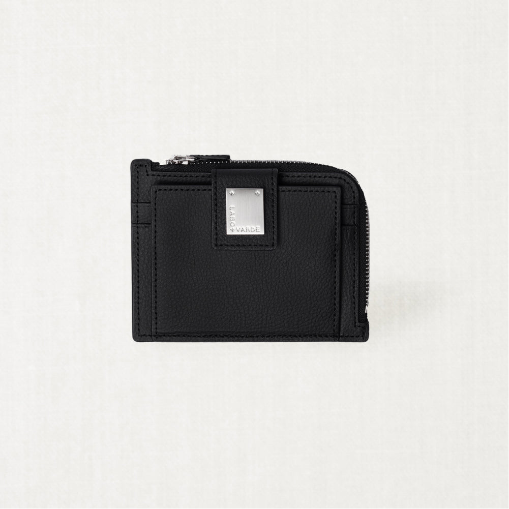 Labovarde Zipper Card Wallet in Black — Front view highlighting the signature silver metal plate and zipper closure
