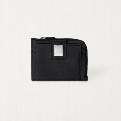 Labovarde Zipper Card Wallet in Black — Front view highlighting the signature silver metal plate and zipper closure