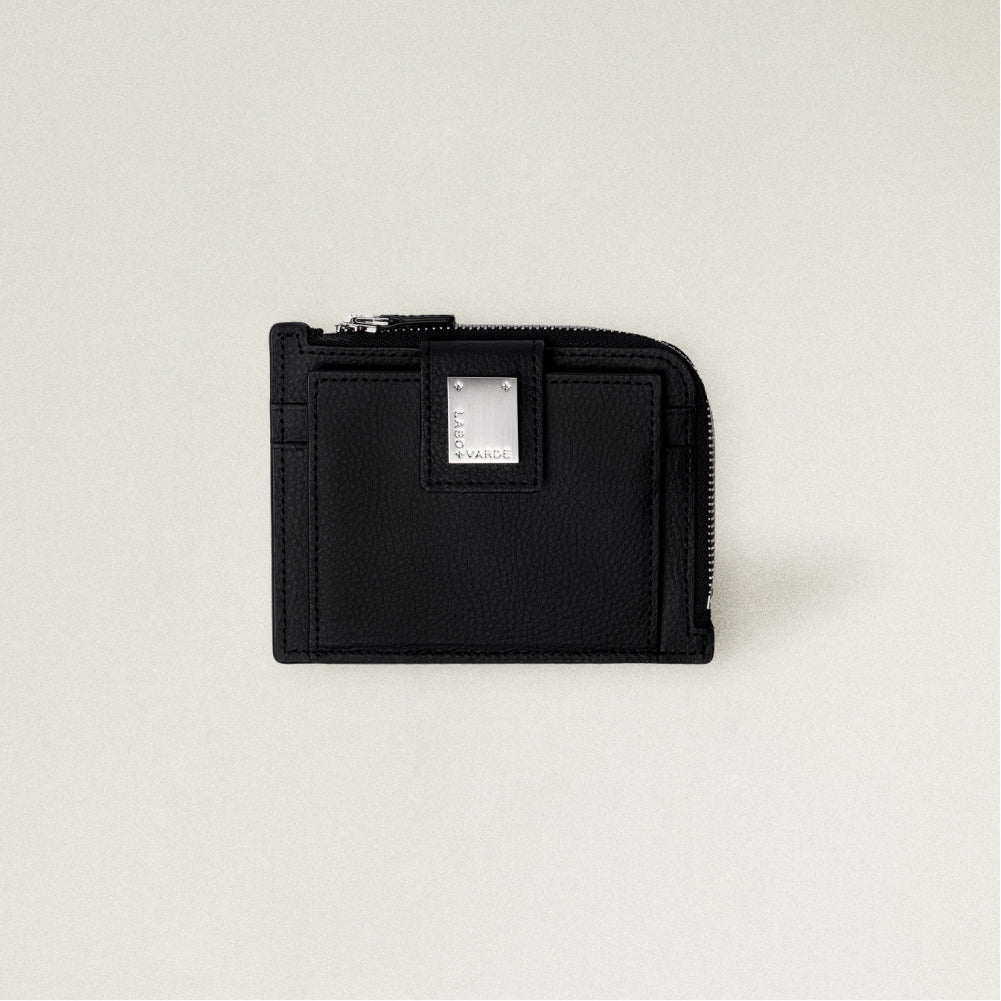 Labovarde Zipper Card Wallet in Black— Front view highlighting the signature silver metal plate and zipper closure