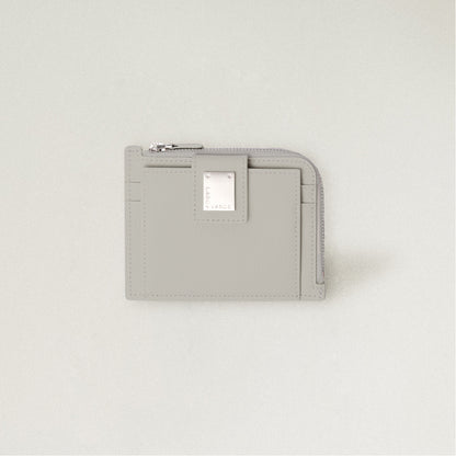 Labovarde Zipper Card Wallet in Light Gray— Front view highlighting the signature silver metal plate and zipper closure