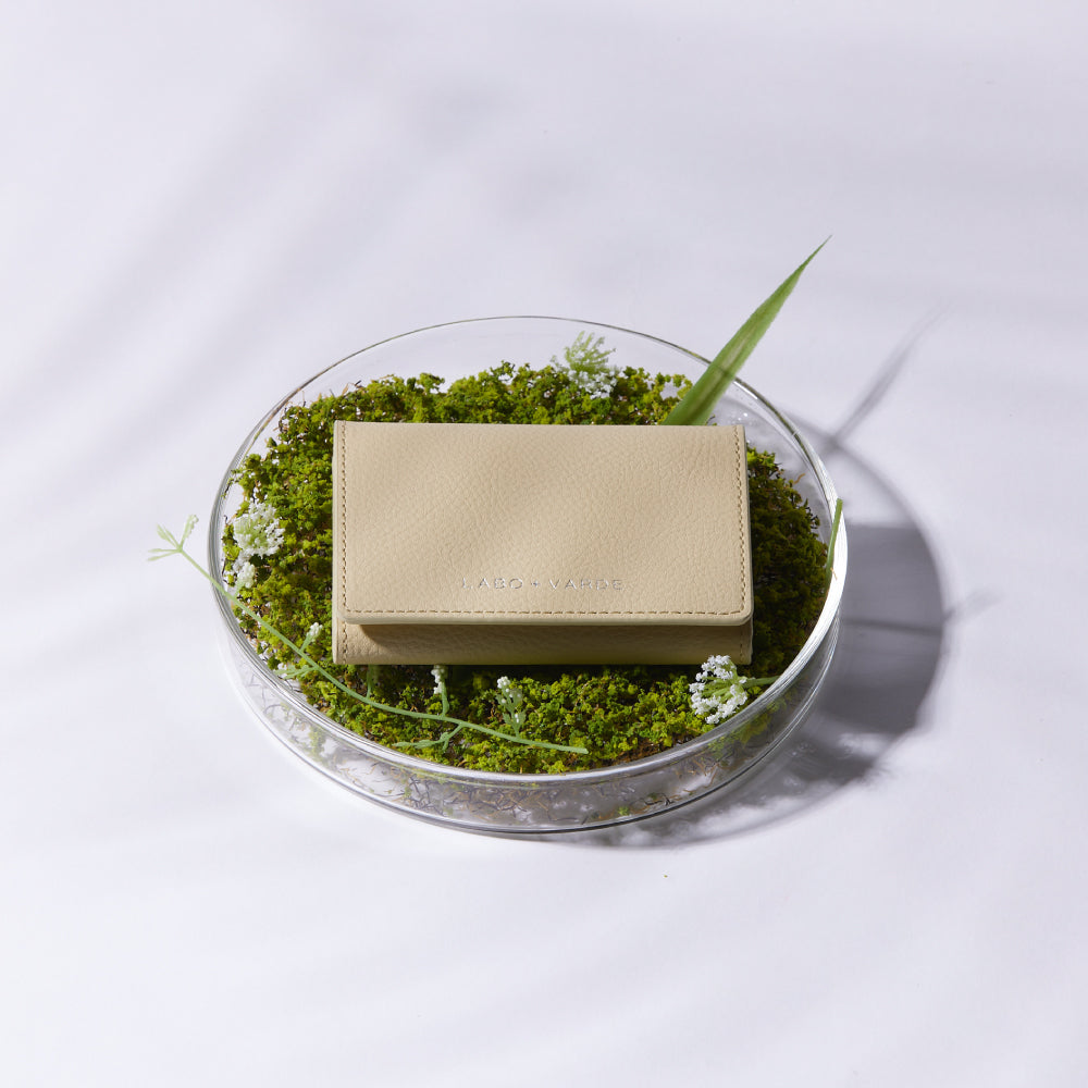 A minimalist beige Labovarde compact wallet made of sustainable corn-based bio-leather, displayed on green moss inside a glass petri dish to highlight the brand's eco-friendly laboratory concept.
